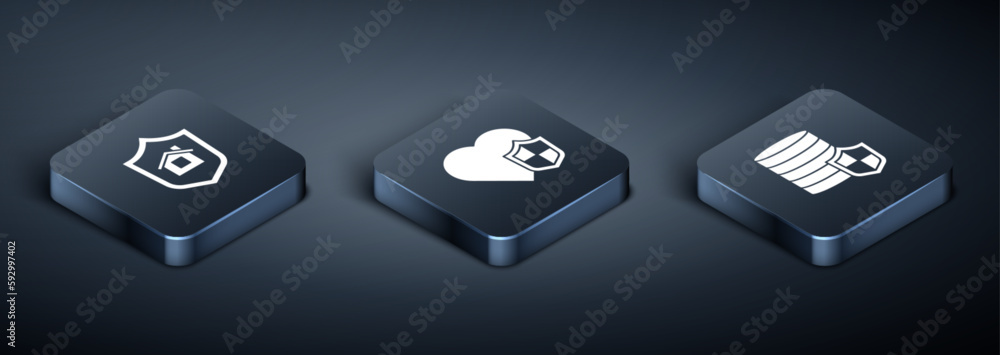 Set Isometric House with shield, Money and Life insurance icon. Vector Set Isometric House with shield, Money and Life insurance icon. Vector