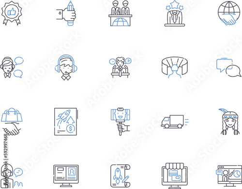 Advertising outline icons collection. Promotion, Branding, Publicity, Media, Placement, Campaign, Reach vector and illustration concept set. Audience, Visibility, Exposure linear signs