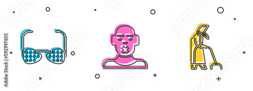 Set Blind glasses, Head of deaf and dumb and Grandmother icon. Vector