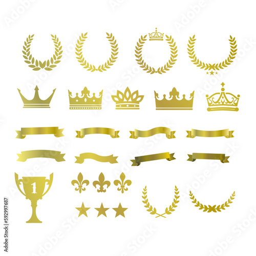 Ribbons, rowns, trophy, laurel wreath, lilies, premium stars - set of golden elements, vector illustration