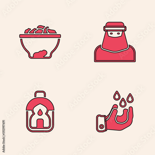 Set Wudhu, Date fruit in bowl, Muslim woman niqab and Ramadan Kareem lantern icon. Vector