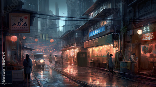 Japanese city, or town. Rainy street at dusk, lit by neon signs of shops and restaurants. Passersby with umbrellas navigate through puddles, AI generative