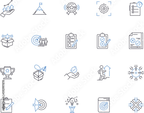Goals outline icons collection. Aims, Objectives, Targets, Ambitions, Aspirations, Hopes, Intents vector and illustration concept set. Outcomes, Purposes, Endeavors linear signs