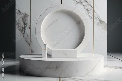 Minimal scene, geometric circle, modern background platform with marbled white podium. mockup display, cosmetic product stand Stage trade show fashion, cosmetics, beauty products. 3D. Generative AI