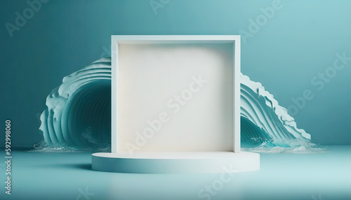 Empty minimalistic white display for showcasing beauty products. Advertising stand with copy space with blue sea wave in the background. Mockup for product placement. AI Generative Content