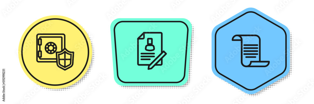 Set line Safe with shield, Document and . Colored shapes. Vector Set line Safe with shield, Document and . Colored shapes. Vector