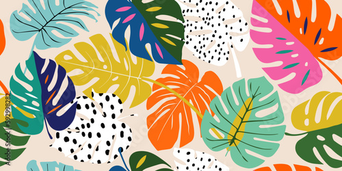 Monstera leaf seamless pattern, hand drawn botanical, spring and Summer time, green style, natural ornaments for textile, fabric, wallpaper, background.