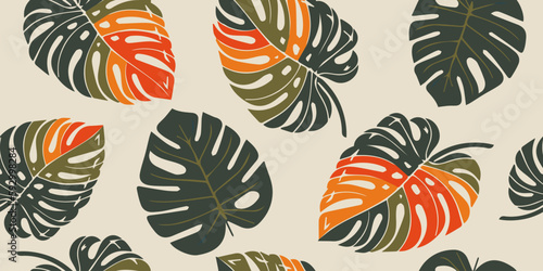 Monstera leaf seamless pattern, hand drawn botanical, spring and Summer time, green style, natural ornaments for textile, fabric, wallpaper, background.