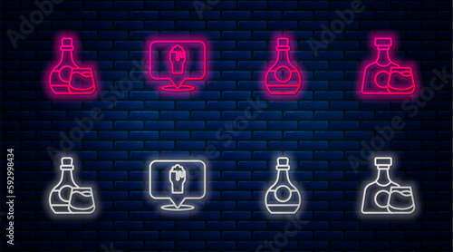 Set line Alcohol or beer bar location, Bottle of cognac brandy, Whiskey bottle glass and . Glowing neon icon on brick wall. Vector