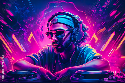 Bright dynamic illustration of DJ in a nightclub with turquoise and neon lights, AI generative illustration