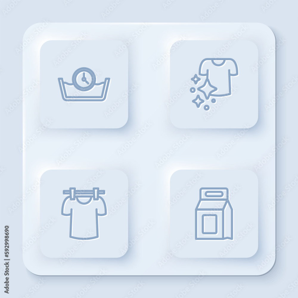 Set line Time wash, Drying clothes, and Laundry detergent. White square button. Vector Set line Time wash, Drying clothes, and Laundry detergent. White square button. Vector