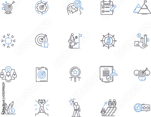 Goals outline icons collection. Aims, Objectives, Targets, Ambitions, Aspirations, Hopes, Intents vector and illustration concept set. Outcomes, Purposes, Endeavors linear signs