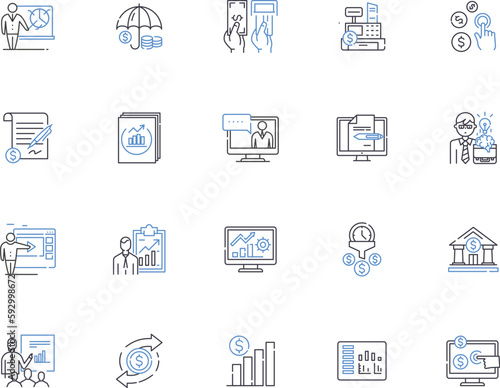 Accounting outline icons collection. Accounting, Bookkeeping, Reconciliation, Budgeting, Auditing, Taxes, CPA vector and illustration concept set. Financial, Financials, Cashflow linear signs