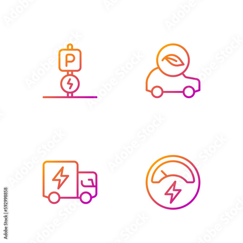 Set line Voltmeter, Electric truck, Charging parking electric car and Eco. Gradient color icons. Vector
