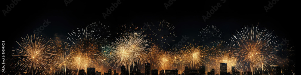 Light fireworks fly up over the city on a black background. overlay. Huge salute for new year or USA Independence Day. Fireworks scatter beautifully in different directions. Generative AI.