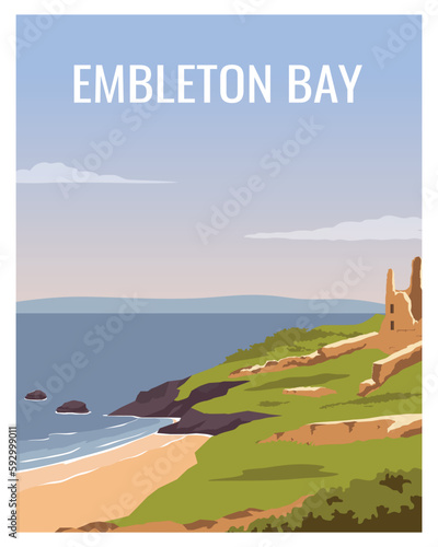 travel poster with sandy beach and Castle in Embleton Bay Northumberland. vector illustration with minimalist style.