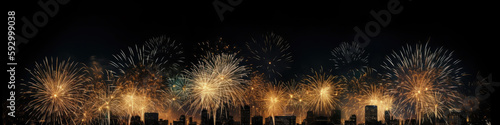 Light fireworks fly up over the city on a black background. overlay. Huge salute for new year or USA Independence Day. Fireworks scatter beautifully in different directions. Generative AI.