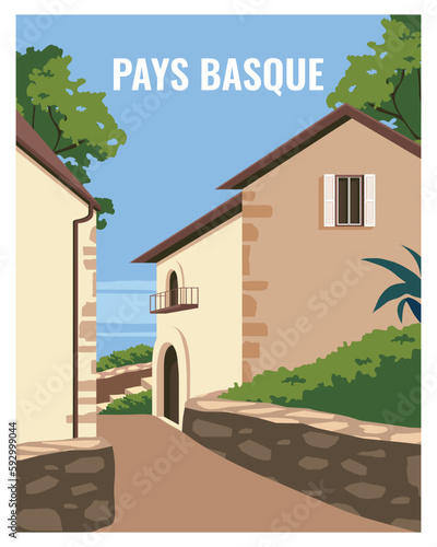 view with house at Pays Basque, France. vector landscape background with color style.