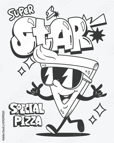 Coloring page outline, Pizza character wearing sunglasses and waving hand cheerfully saying hi on isolated background illustration vector, retro fast food mascot.