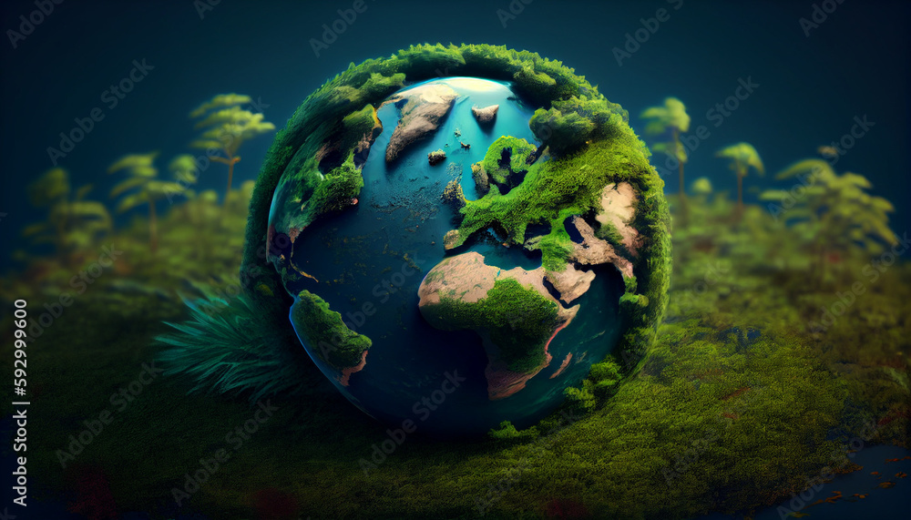 Green planet earth covered with grass. World Earth Day. World Environment Day Concept. Save the earth. Save the Planet. Ai generated image