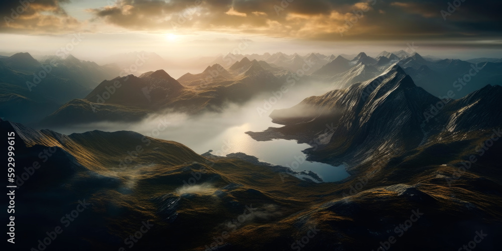 Aerial view of majestic Norway Fjord with scenic mountains and sea. View of the Himalayas during a foggy sunset night. Generative Ai Aerial view of majestic Norway Fjord with scenic mountains and sea. View of the Himalayas during a foggy sunset night. Generative Ai