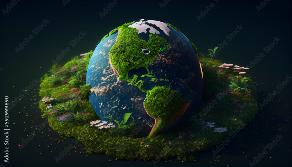 Green planet earth covered with grass. World Earth Day. World Environment Day Concept. Save the earth. Save the Planet. Ai generated image