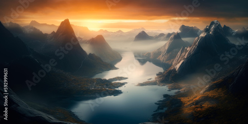 Aerial view of majestic Norway Fjord with scenic mountains and sea. View of the Himalayas during a foggy sunset night. Generative Ai