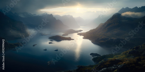 Aerial view of majestic Norway Fjord with scenic mountains and sea. View of the Himalayas during a foggy sunset night. Generative Ai