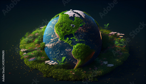 Green planet earth covered with grass. World Earth Day. World Environment Day Concept. Save the earth. Save the Planet. Ai generated image © TrendyImages