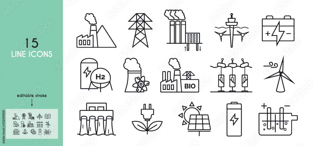 Naklejka premium Power plant line icons set. Electrical wires, electric pole, coal, geothermal, solar, wind, nuclear, hydro, biomass, wave, tidal power plants. Electrolysis. Vector illustration.