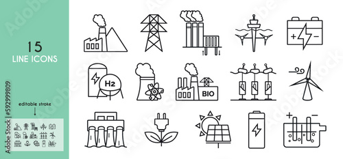 Power plant line icons set.  Electrical wires, electric pole, coal, geothermal, solar, wind, nuclear, hydro, biomass, wave, tidal power plants. Electrolysis. Vector illustration.