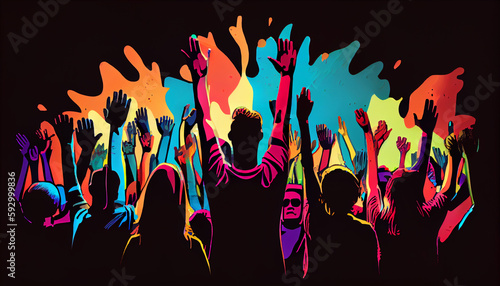 Group of people raising their hands in the air. Colorful Illustration. Human rights. Ai generated image photo