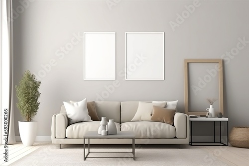 Mockup frame for a living room interior background with modern decor style, light theme. Generative AI © Hamza