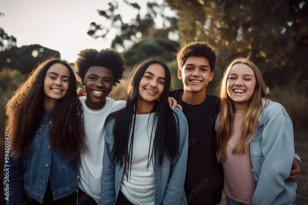 Diverse group of friends, smiling and laughing together, young and active teenagers, AI generative Diverse group of friends, smiling and laughing together, young and active teenagers, AI generative