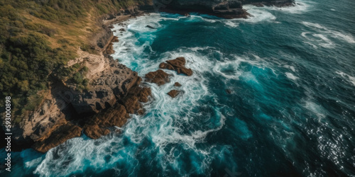 Coast as a background from above. Turquoise background with top view. Summer seascape from the air. Nusa Penida Island, Indonesia. Travel. Generative Ai