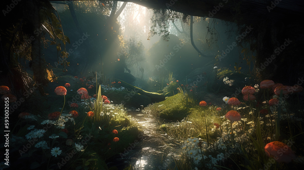 fairy forest, luminous flowers created with Generative AI Technology