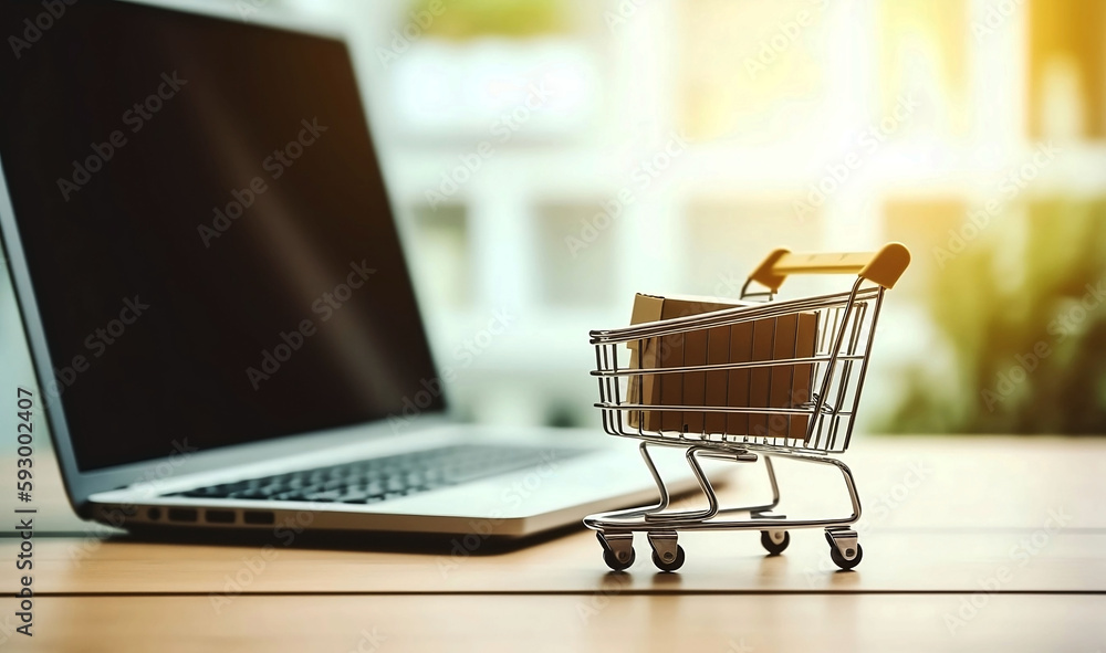 Shopping Cart Model and Laptop on Blurred Home Background. Online Business and E-Commerce Concept