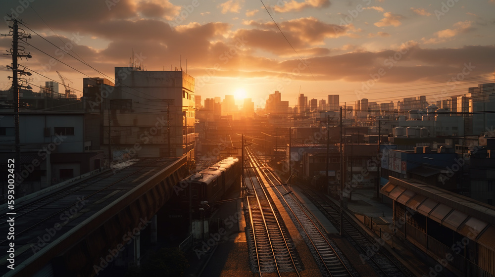 sunset over the railway created with Generative AI Technology