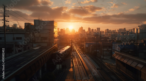 sunset over the railway created with Generative AI Technology © Aliverz