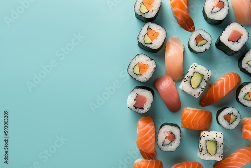 Various sushi with fish on side of teal blue background with copy space. Generative AI illustration