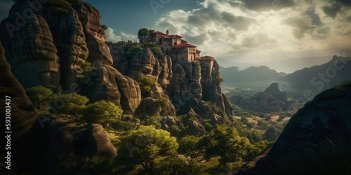 Mysterious monasteries hanging over rocks of Meteora, Greece - most famous landmarks and beautiful places, Generative Ai © Landscape Planet