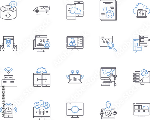 Information technology outline icons collection. IT, Computing, Software, Networking, Solutions, Security, Automation vector and illustration concept set. Cybersecurity, Programming, Hardware linear