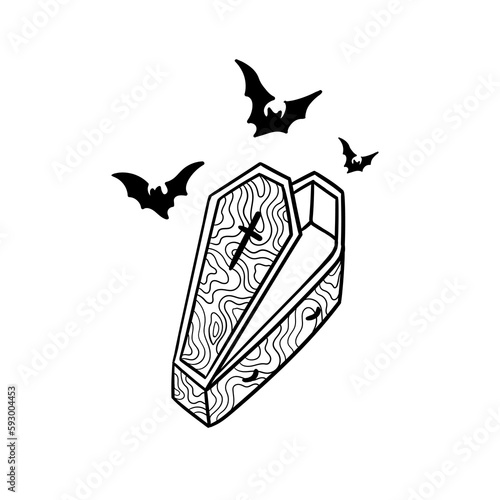 Hand drawn illustration of a coffin and a bat outline