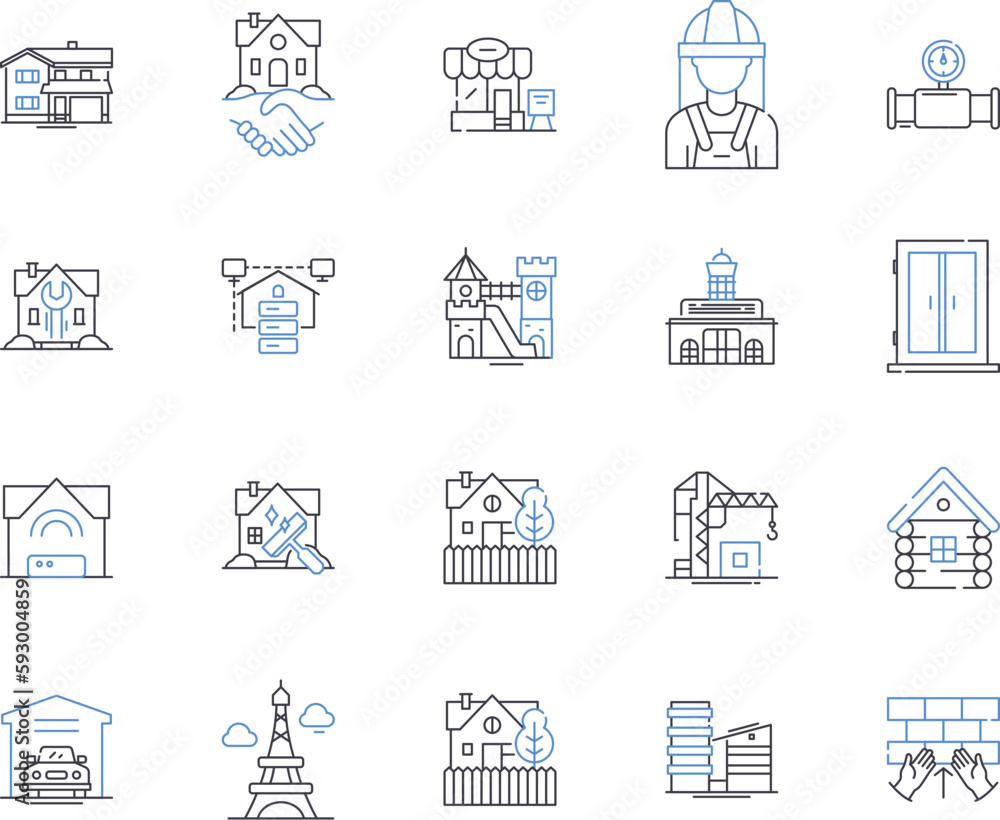 Houses and construction outline icons collection. Housing, Construction, Building, Dwelling, Architectural, Home, Real-Estate vector and illustration concept set. Residential, Estate, Developer linear Houses and construction outline icons collection. Housing, Construction, Building, Dwelling, Architectural, Home, Real-Estate vector and illustration concept set. Residential, Estate, Developer linear
