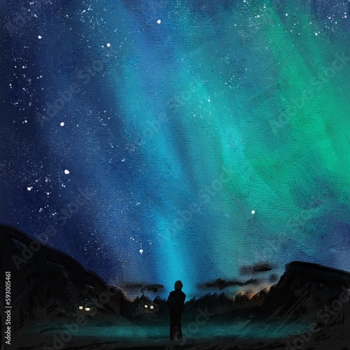 Hand drawn oil painting illustration of aurora borealis northern lights. Blue green winter artic phenomenon, man silhouette standing dark black mountains, natural space sky north nature, norway