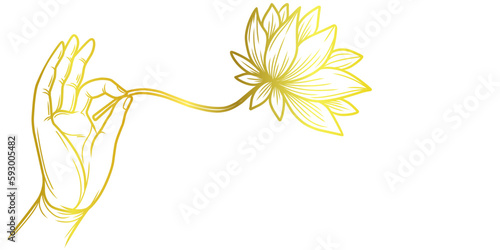 Buddha hand with lotus flower, vesak day line art style vector art