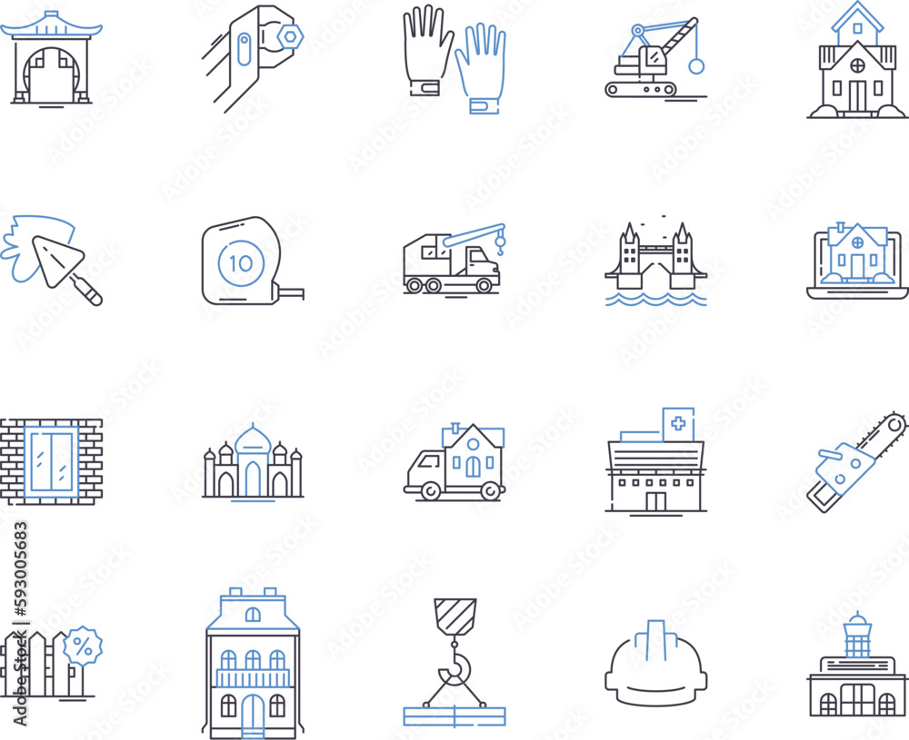 Construction design outline icons collection. Architecture, Drafting, Plans, Layout, Building, Infrastructure, Materials vector and illustration concept set. Structural, CAD, Site linear signs