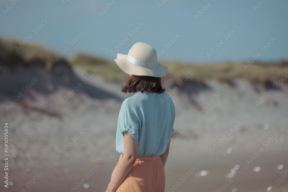 Young woman in summer top, trousers and hat on seaside, AI generative illustration in pastel orange, mint green and sand colors