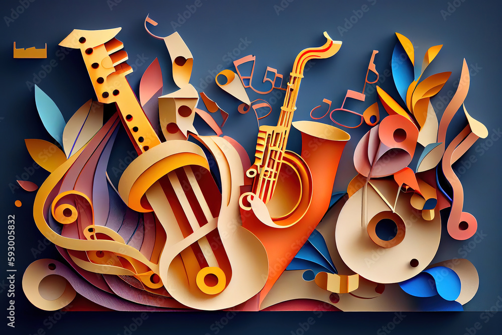 Obraz Creative music background. Musical abstract illustration, paper art. Created with. Generative Ai fototapeta, plakat