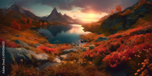 Fantastic evening panorama of Lake  Switzerland. Picturesque autumn sunset in the Alps  Generative Ai